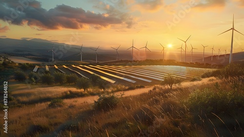 A sunlit horizon where wind turbines spin and solar panels gleam, powering data centers with the gentle touch of renewable energy, as nature smiles upon the shift towards sustainability