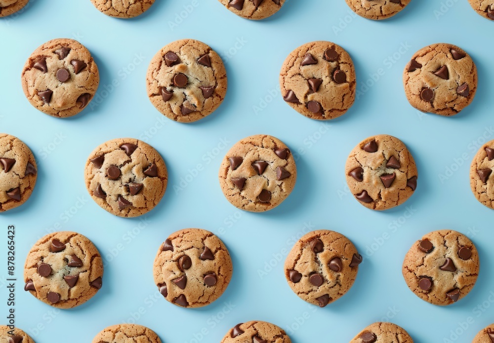 National Chocolate Chip Cookie Day. A pattern of chocolate chip cookies on light blue background, top view. National Chocolate Chip Cookie Day. A pattern of chocolate chip cookies on light blue background, top view.