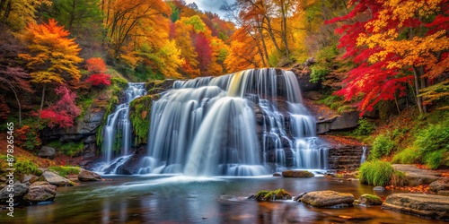 Waterfall in autumn surrounded by colorful foliage, captured with a long exposure , autumn, waterfall, long exposure, scenic