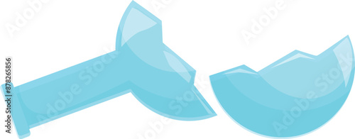Cartoon style illustration featuring a broken blue glass bottle separated into two pieces, evoking concepts of fragility, damage, and the aftermath of an impact