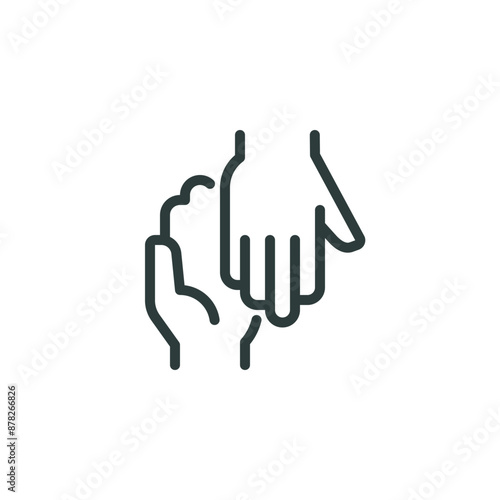 Outline icon human hand supporting the hand, hand on hand. line sign gesture charity and care, help together, caring hands. Vector isolated pictogram for web and app on white background.