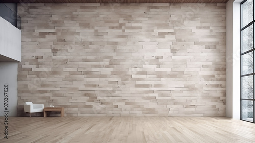 Spacious Modern Interior with Textured Wood Wall and Large Windows
