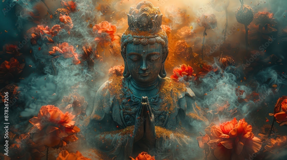 A serene Buddha statue surrounded by flowers and smoke A serene Buddha statue surrounded by flowers and smoke