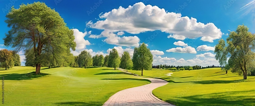 Obraz premium Panoramic summer park with green grass, trees, blue sky, white clouds, and a winding path on a sunny day. Made with Generative AI Technology