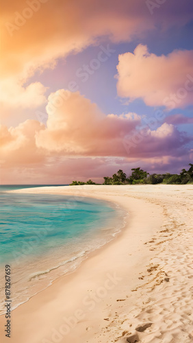 a beach with a pink and blue sky photo