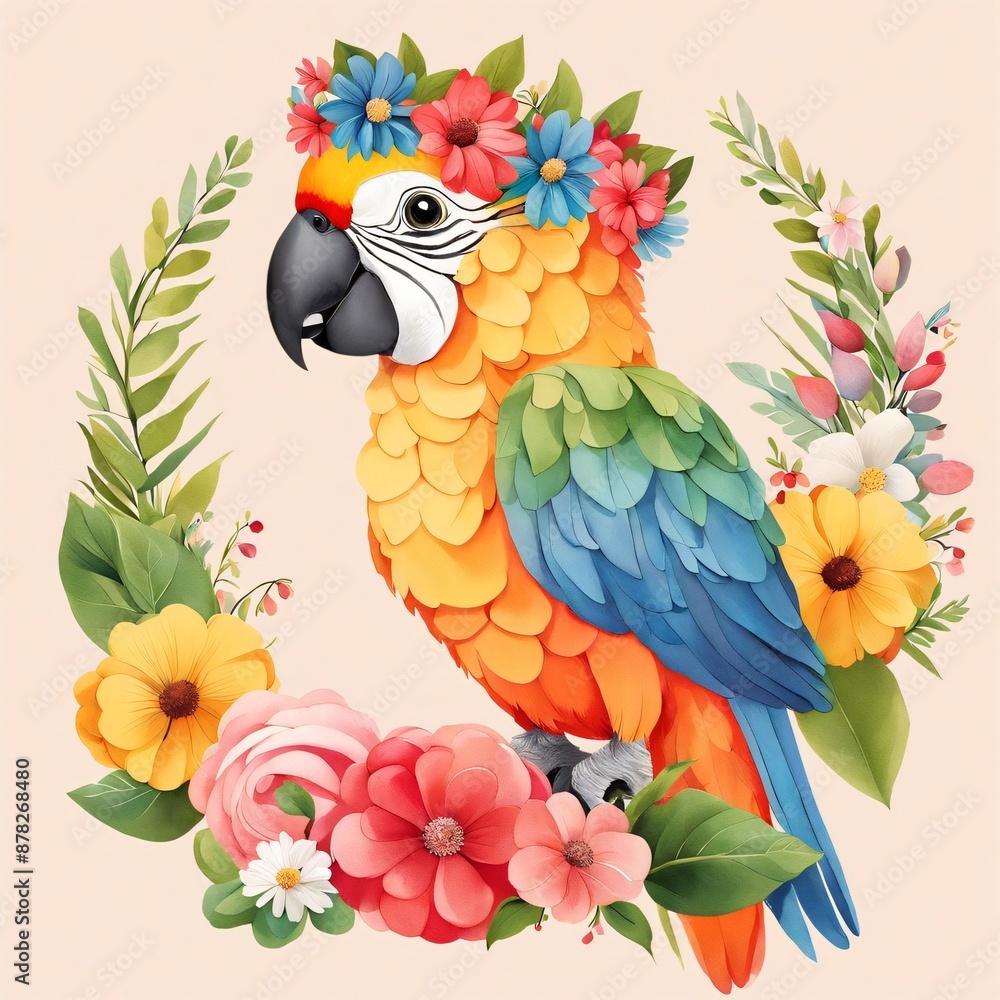 Fototapeta premium Floral Baby Parrot Nursery Generative Ai Illustration