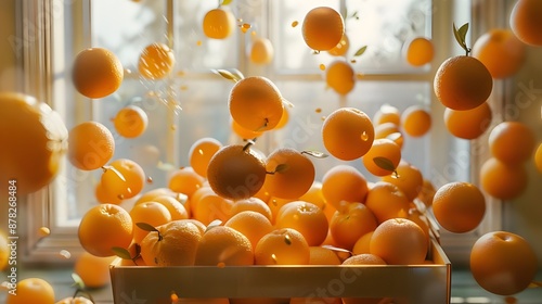 a box of oranges like in the cartoon Cheburashka. Oranges are festively arranged in the air as if they flew out of this box, the atmosphere of a holiday, a sunny day, a dacha photo