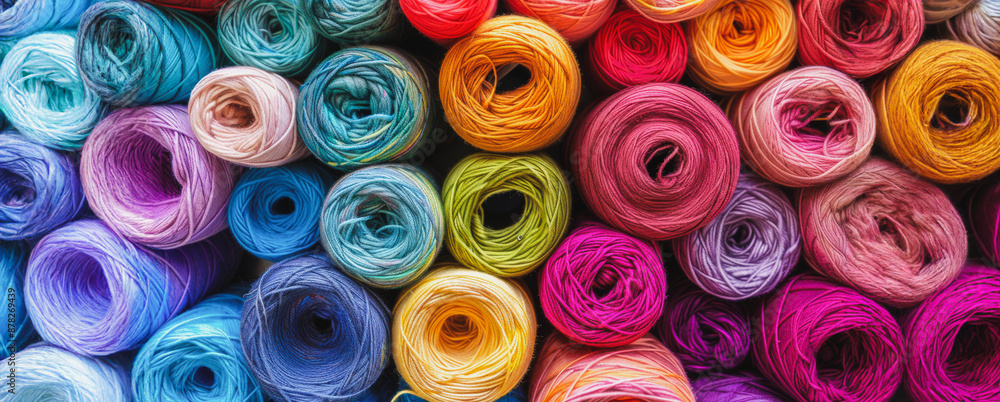 Close up of colorful yarn rolls Close up of colorful yarn rolls