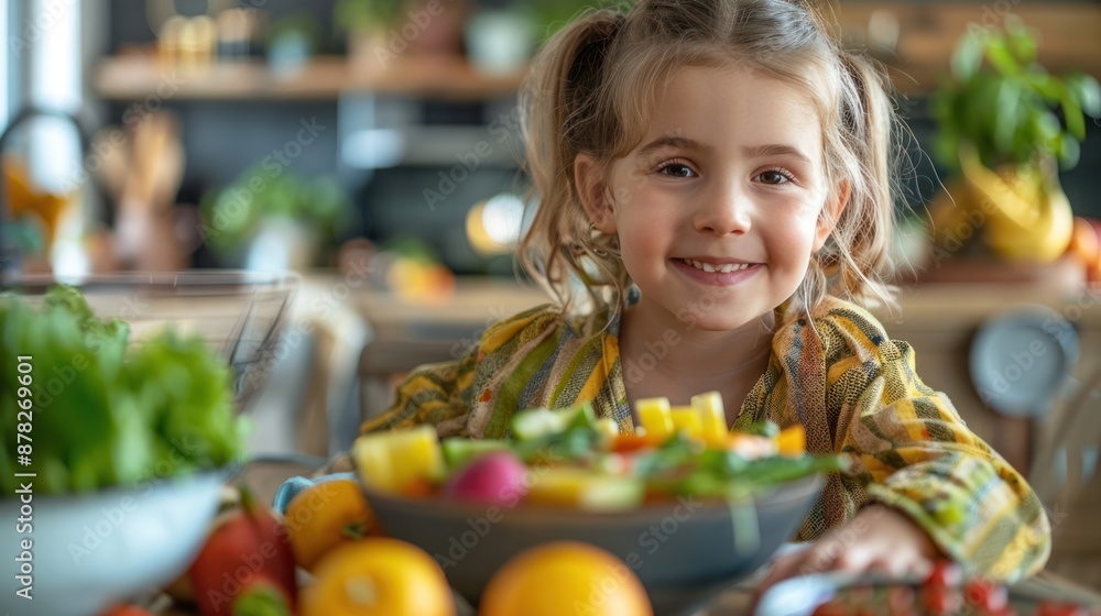 A healthy child enjoying a nutritious meal, sitting at a bright kitchen table with fruits and vegetables A healthy child enjoying a nutritious meal, sitting at a bright kitchen table with fruits and vegetables