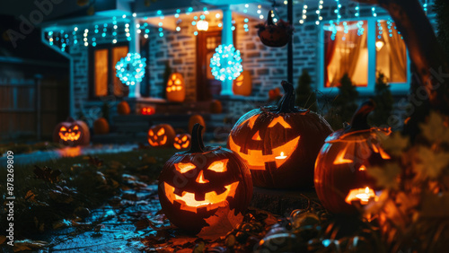 Wallpaper Mural Halloween-themed house with glowing jack-o'-lanterns and blue fairy lights decorating the porch and yard. Torontodigital.ca