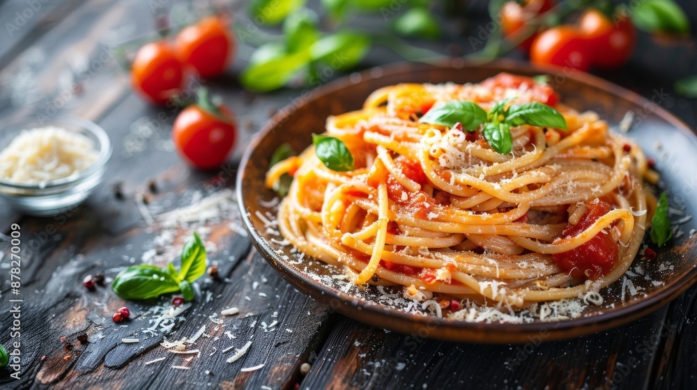 Close-up of a plate of Italian pasta with spices, spicy herbs and tomato sauce and parmesan on a dark kitchen background, perfect for a healthy food recipe website or cooking school website Close-up of a plate of Italian pasta with spices, spicy herbs and tomato sauce and parmesan on a dark kitchen background, perfect for a healthy food recipe website or cooking school website
