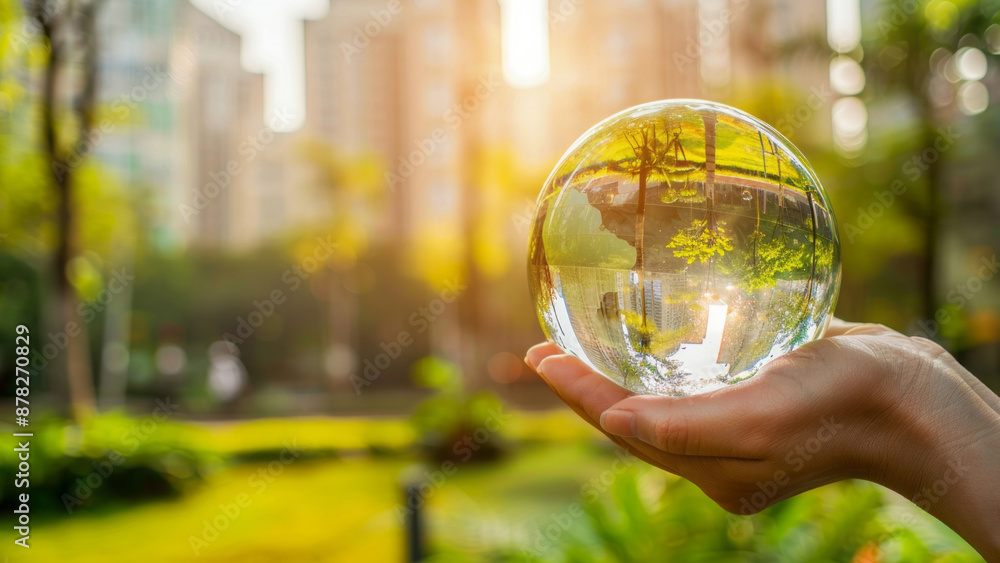 Hand holding a glass globe with a cityscape in the background, illuminated by the setting sun.
Hand holding a glass globe with a cityscape in the background, illuminated by the setting sun.