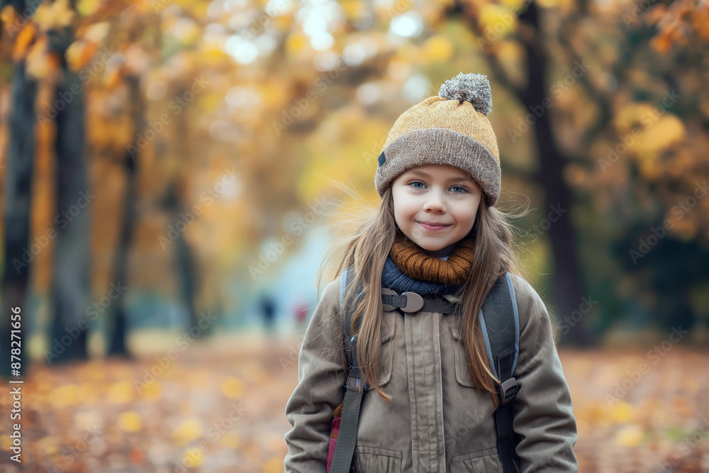 A schoolgirl, smiling and walking in a park with autumn foliage, minimalistic composition, soft daylight, natural background. A schoolgirl, smiling and walking in a park with autumn foliage, minimalistic composition, soft daylight, natural background.