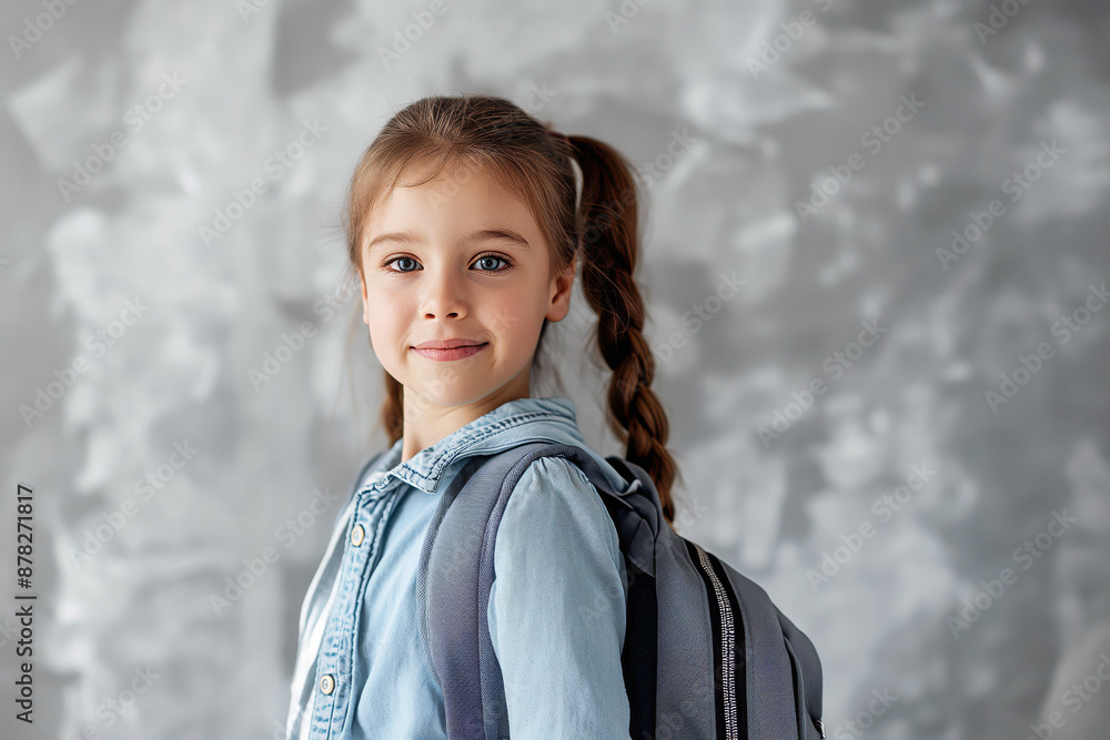 A schoolgirl, standing with a backpack in front of a light gray wall, minimalistic composition, natural light, clean background. A schoolgirl, standing with a backpack in front of a light gray wall, minimalistic composition, natural light, clean background.