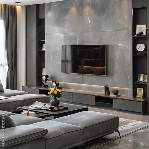 Modern living room furniture with gray sofa with pillow, gray tv unit, wooden table and small cabinet 