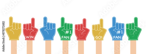 Fan foam fingers. Hands up with colorful glove. stadium supporter pride accessory, football victory symbol. Best sport team cheering. Vector illustration isolated on transparent background.