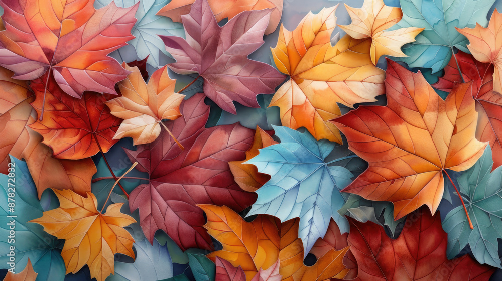 Detailed close-up of maple leaves with autumn palette in watercolor style. Detailed close-up of maple leaves with autumn palette in watercolor style.