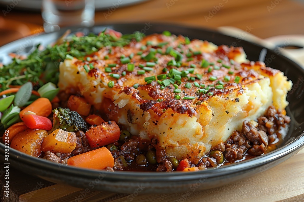 A plate of shepherd's pie, topped with a golden layer of mashed potatoes, served with a side of steamed vegetables. A plate of shepherd's pie, topped with a golden layer of mashed potatoes, served with a side of steamed vegetables.