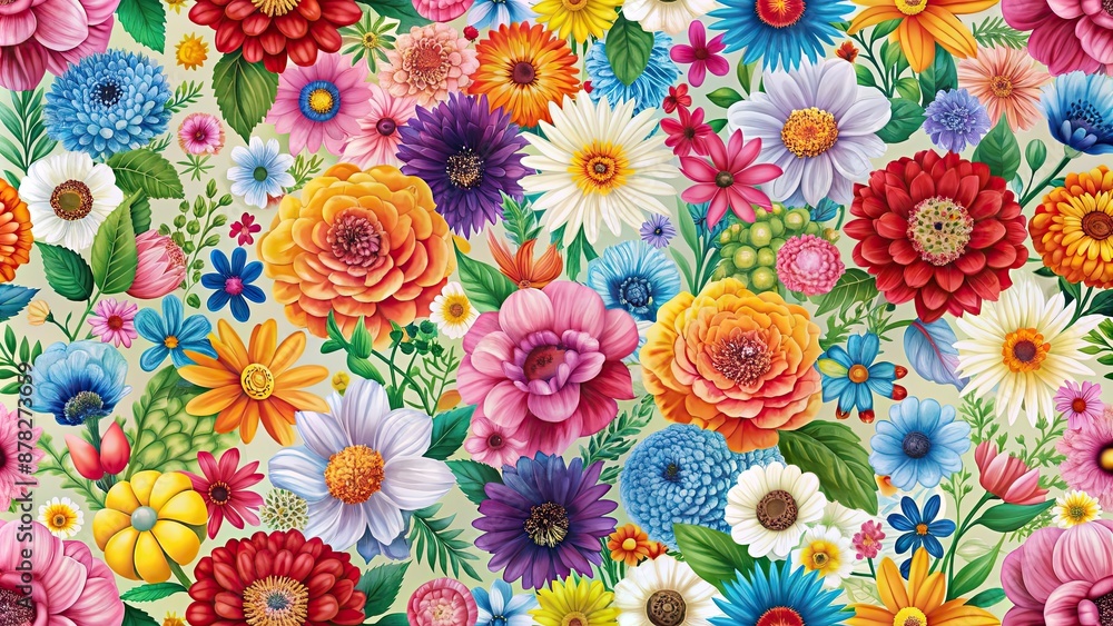 Seamless pattern featuring a variety of colorful flowers, floral, bloom, summer, botanical, garden, nature, vibrant, leaves Seamless pattern featuring a variety of colorful flowers, floral, bloom, summer, botanical, garden, nature, vibrant, leaves