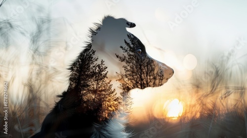 A dog's silhouette is overlaid with a forest and sunset, creating a surreal and artistic image.