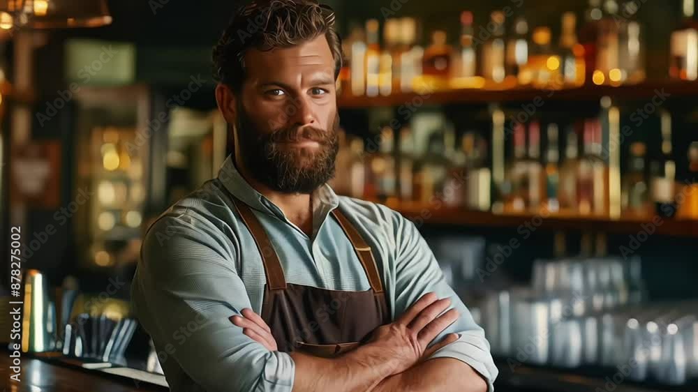 Stylish brutal bartender in a shirt and apron standing with crossed arms at bar counter background Stylish brutal bartender in a shirt and apron standing with crossed arms at bar counter background