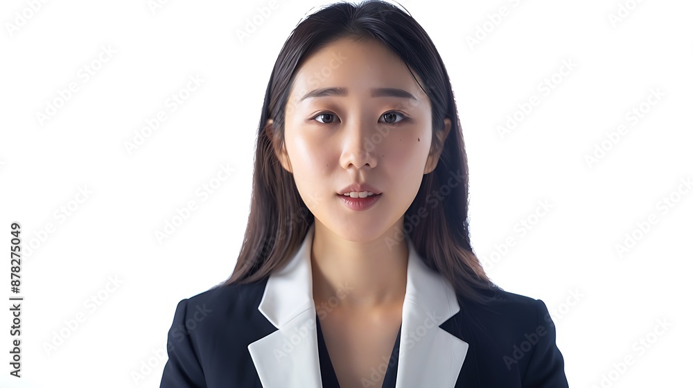 An Asian young woman with Korean makeup, straight hair, in a stylish office suit, giving a presentation, isolated on white background. 32k, full ultra HD, high resolution An Asian young woman with Korean makeup, straight hair, in a stylish office suit, giving a presentation, isolated on white background. 32k, full ultra HD, high resolution