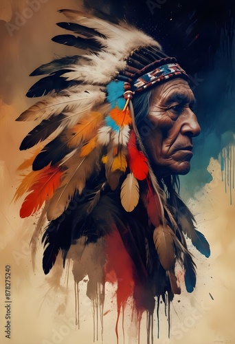 A cherokee warrior portrait  with feathers..