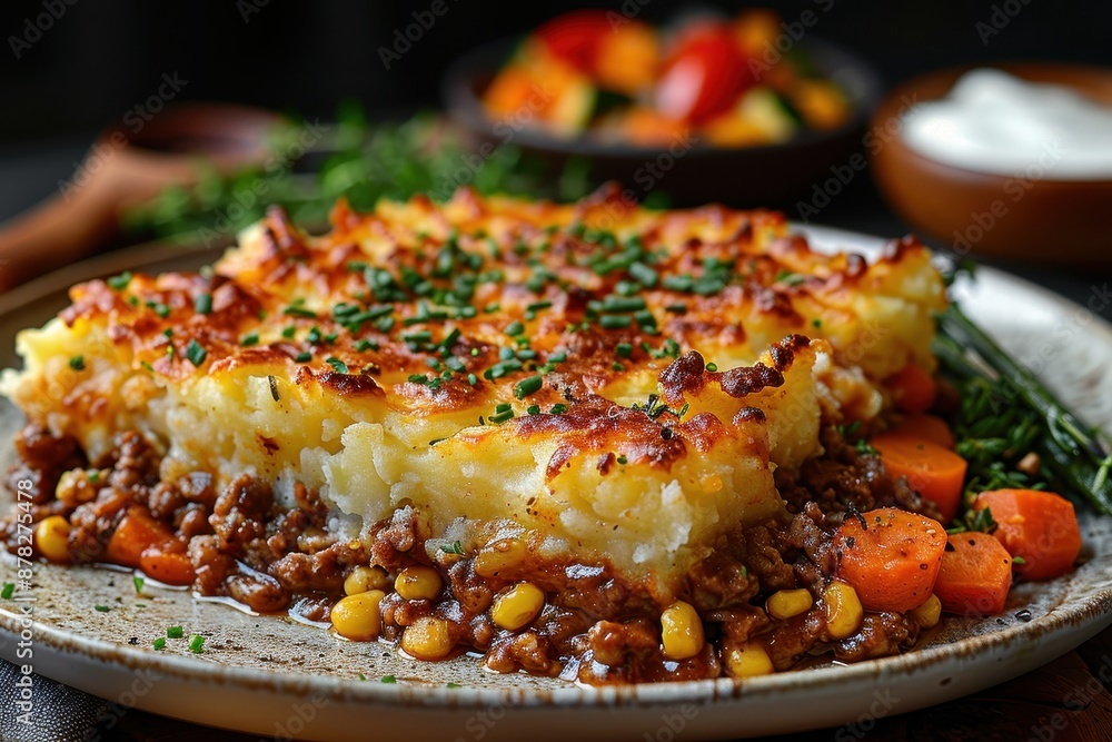 A plate of shepherd's pie, topped with a golden layer of mashed potatoes, served with a side of steamed vegetables. A plate of shepherd's pie, topped with a golden layer of mashed potatoes, served with a side of steamed vegetables.