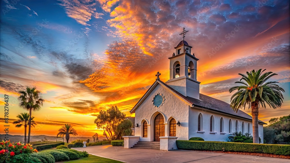 Naklejka premium Scenic old church at sunset in San Diego , church, sunset, San Diego, architecture, historic, religious, old