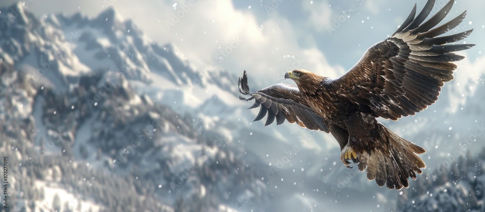 Golden Eagle Soaring Above Snowy Mountains