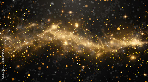 Golden blurred bokeh lights on black background, Glitter sparkle stars for celebrate, Overlay for your design,Abstract gold particles wave on dark background
