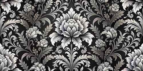 Luxurious black and white floral wallpaper, monochrome, elegant, luxury, flowers, pattern, design, background, vintage, decoration