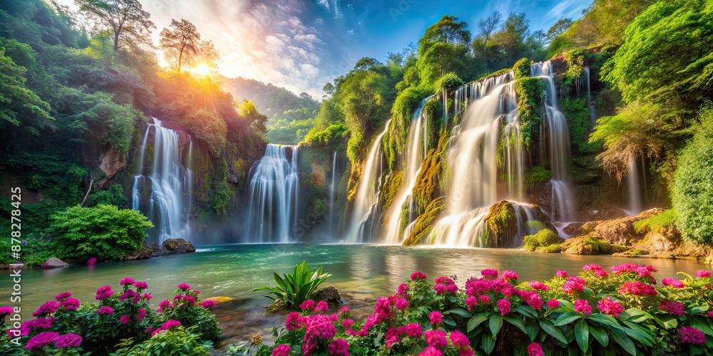 Majestic waterfalls surrounded by lush green forests and vibrant flowers, waterfall, majestic, nature, landscape