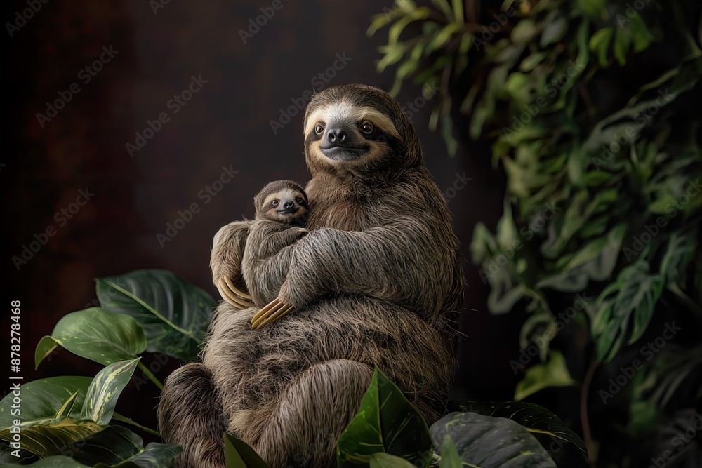 Obraz premium Mother sloth with her baby in the jungle. Dark background.
