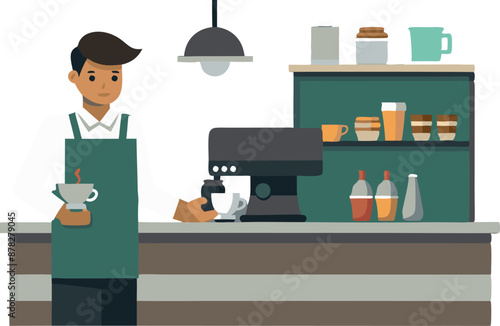 Barista preparing coffee in a modern cafe with stylish interior and professional espresso machine