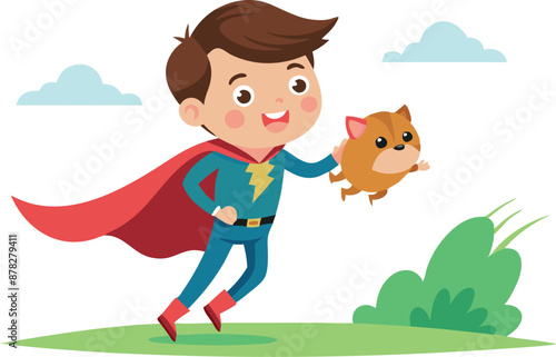 Smiling boy in superhero costume playing with dog outdoors on a sunny day