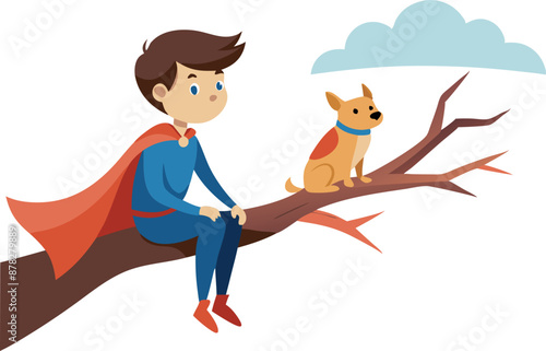 Cartoon superhero boy with red cape and dog sitting on a tree branch