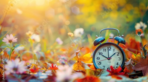 Daylight saving time ends. Alarm clock on beautiful nature background with summer flowers and autumn leaves. Summer time end and fall season coming. Clock turn backward to winter time