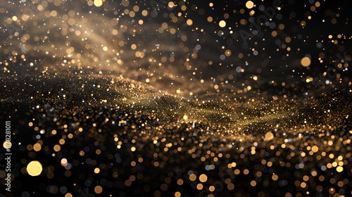 Golden blurred bokeh lights on black background, Glitter sparkle stars for celebrate, Overlay for your design,Abstract gold particles wave on dark background
