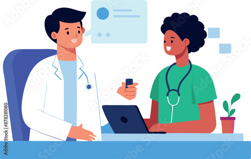 Two doctors discussing medical treatment with a laptop at their workspace