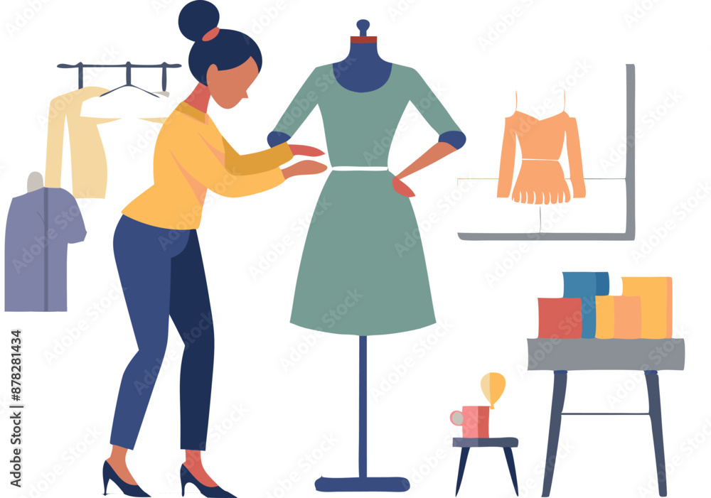 Fashion designer adjusting dress on mannequin in studio with clothing rack and sketches Fashion designer adjusting dress on mannequin in studio with clothing rack and sketches
