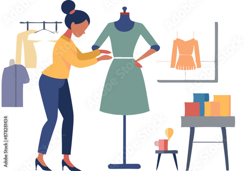 Fashion designer adjusting dress on mannequin in studio with clothing rack and sketches