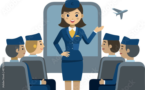 Flight attendant giving safety instructions to passengers inside airplane