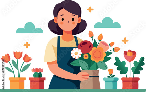 Woman in apron arranging flowers in pots with a cheerful expression in an outdoor garden