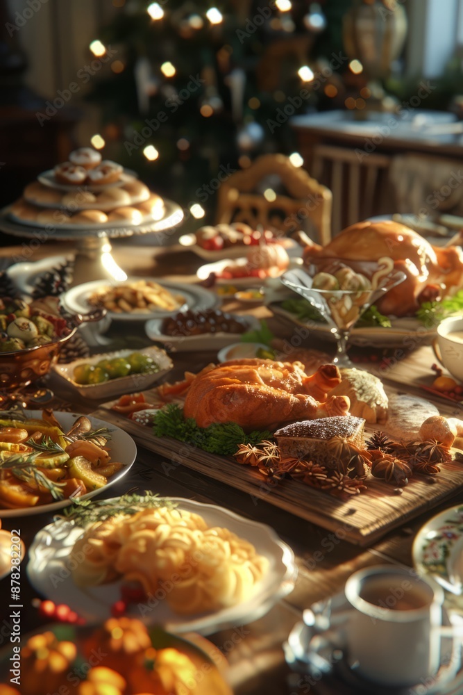 Thanksgiving Food and Dessert for party invitation, Christmas party celebration with dinner meal on table, Happy new year and Xmas scene, wooden table full of food and treats Thanksgiving Food and Dessert for party invitation, Christmas party celebration with dinner meal on table, Happy new year and Xmas scene, wooden table full of food and treats