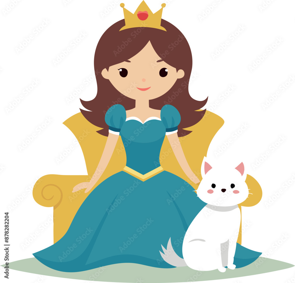 Cute princess sitting on throne with white cat. Cartoon illustration for children and fairytales Cute princess sitting on throne with white cat. Cartoon illustration for children and fairytales