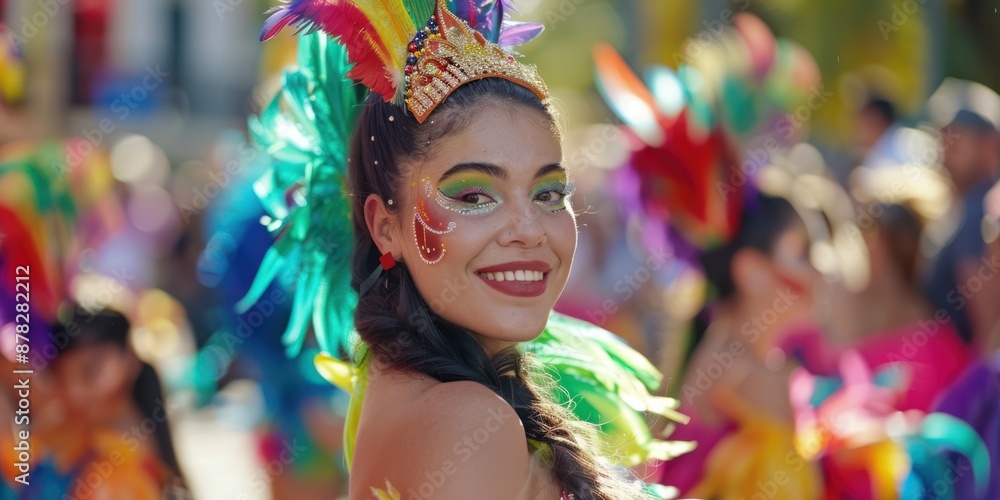 Fototapeta premium Woman in carnival costume with colorful feathers, Beautiful woman in colorful costume for carnival