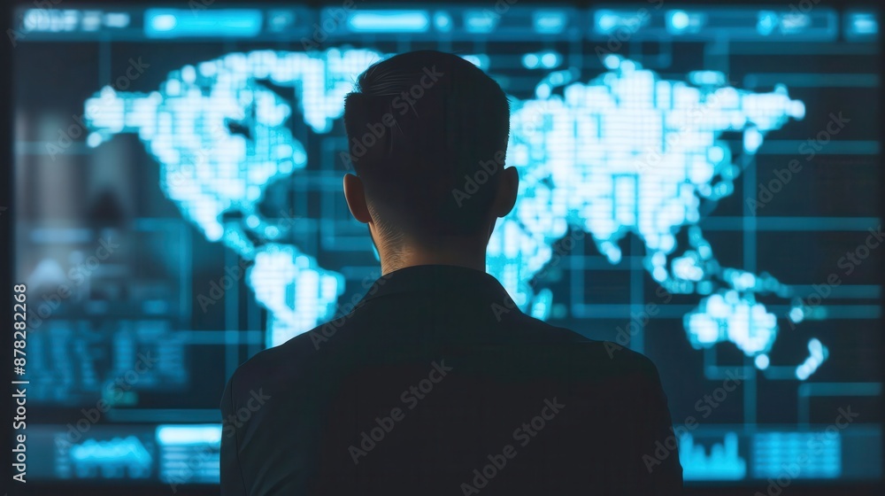 Person analyzing global data on a large screen with world map, digital technology, and data analysis concepts.