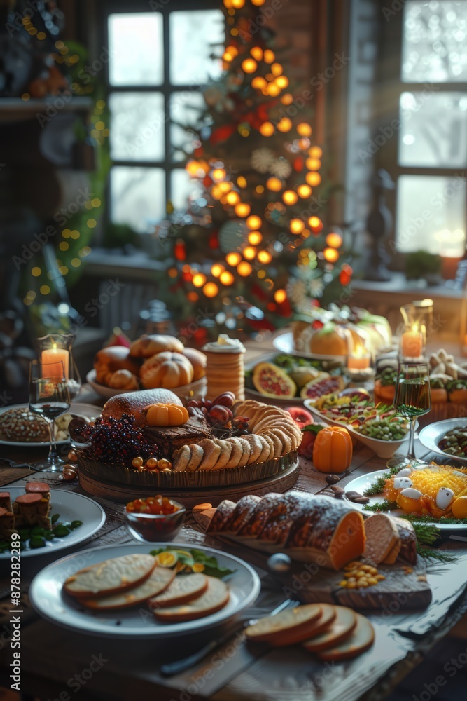 Thanksgiving Food and Dessert for party invitation, Christmas party celebration with dinner meal on table, Happy new year and Xmas scene, wooden table full of food and treats Thanksgiving Food and Dessert for party invitation, Christmas party celebration with dinner meal on table, Happy new year and Xmas scene, wooden table full of food and treats