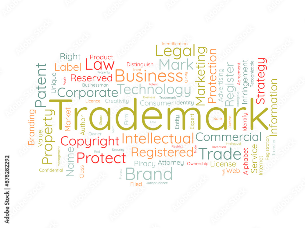 Obraz premium Trademark wordcloud template. Business rights concept vector background.
